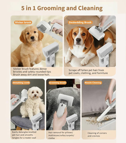 [2026 Version]Dog Vacuum for Shedding Grooming- 5 in 1 Cleaning Slicker Brush for Dogs & Cats Deshedding Vacuum Brush with 5 Pet Grooming Tools for Shedding Pet Hair, Home Cleaning Grooming Supplies