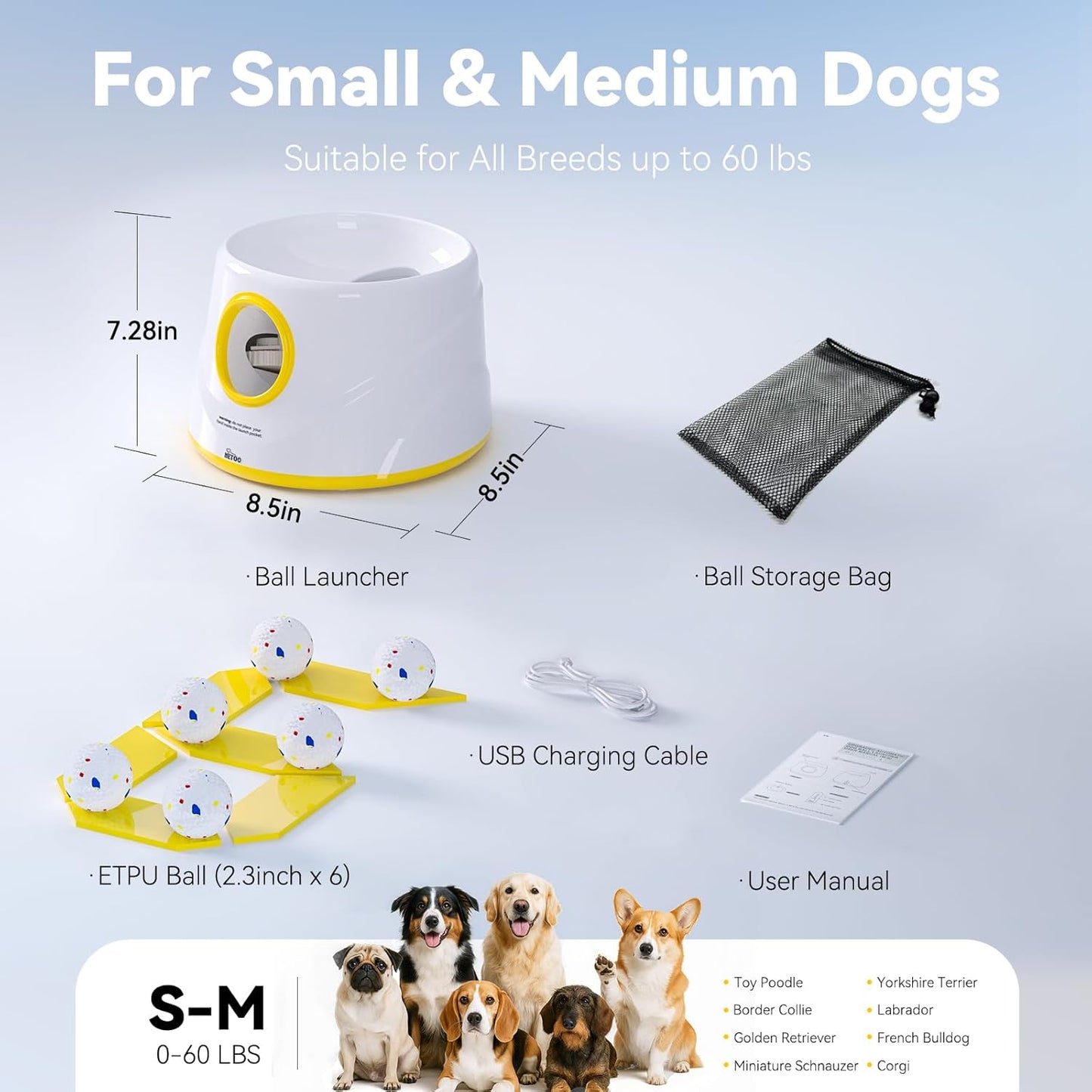 Dog Ball Launcher, Dog Ball Thrower, Automatic Dog Ball Launcher with 3 Adjustable Distance 20-40FT, 6 ETPU Balls, Indoor Outdoor Interactive Dog Toys for Small/Medium Dogs