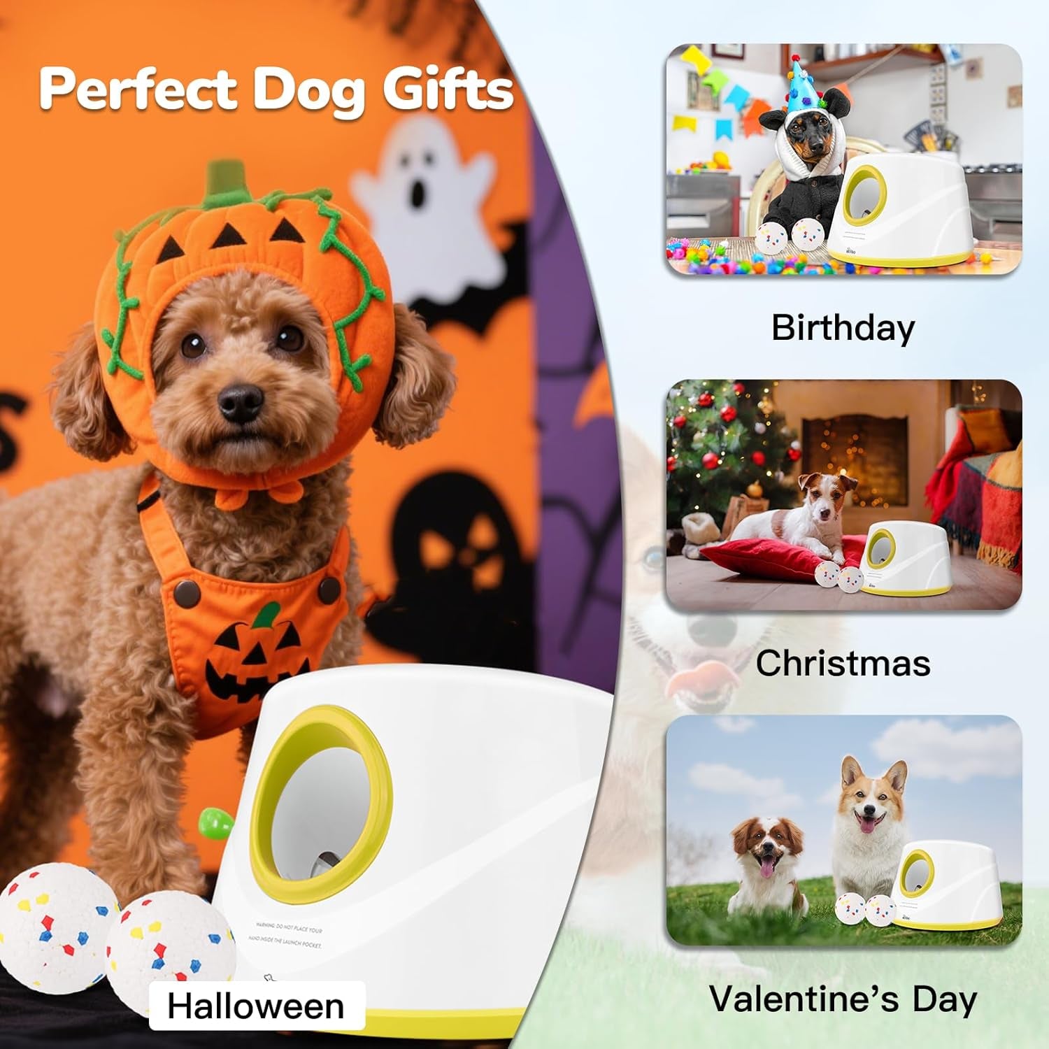 Dog Ball Launcher, Dog Ball Thrower, Automatic Dog Ball Launcher with 3 Adjustable Distance 20-40FT, 6 ETPU Balls, Indoor Outdoor Interactive Dog Toys for Small/Medium Dogs