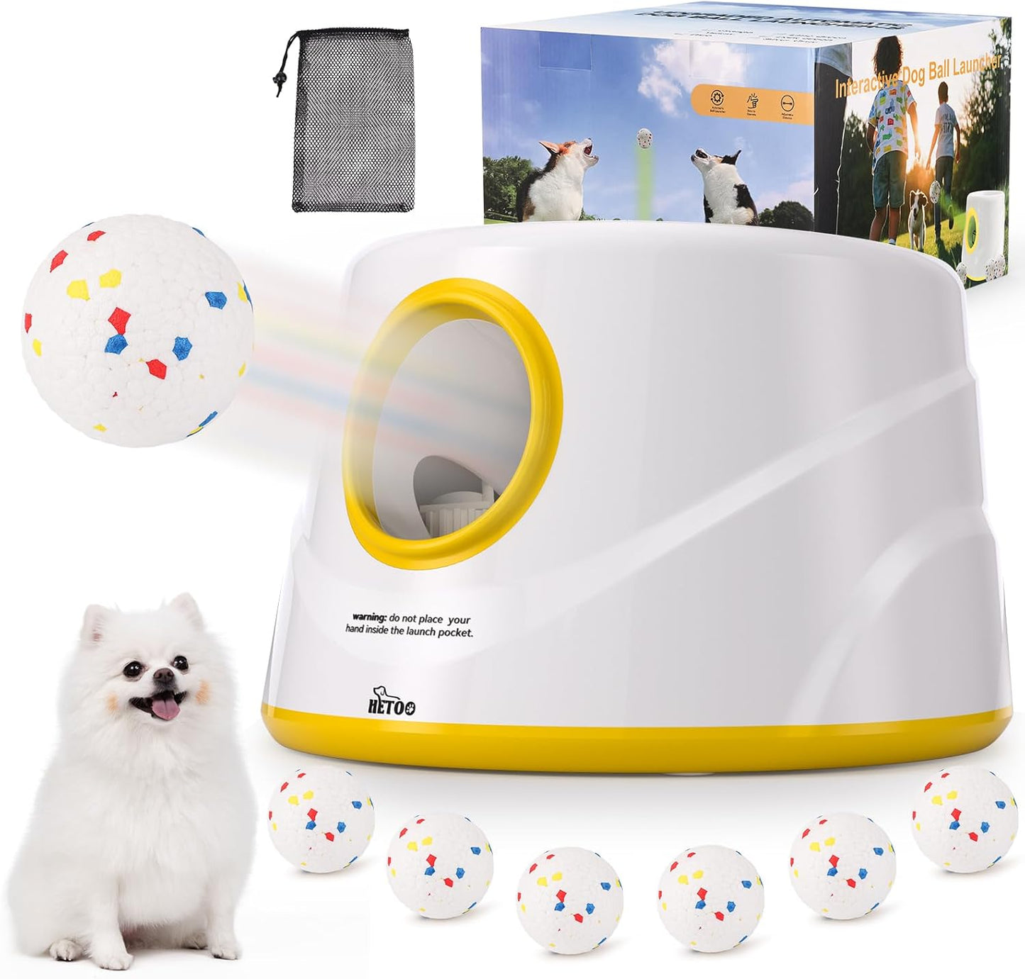 Dog Ball Launcher, Dog Ball Thrower, Automatic Dog Ball Launcher with 3 Adjustable Distance 20-40FT, 6 ETPU Balls, Indoor Outdoor Interactive Dog Toys for Small/Medium Dogs